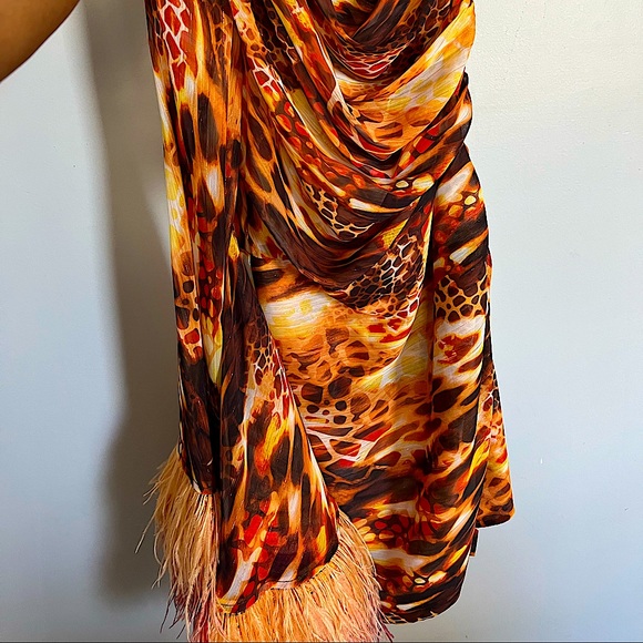 BRONX AND BANCO
Fire-Print One-Shoulder Feather-Cuff Mini Dress - Picture 4 of 9